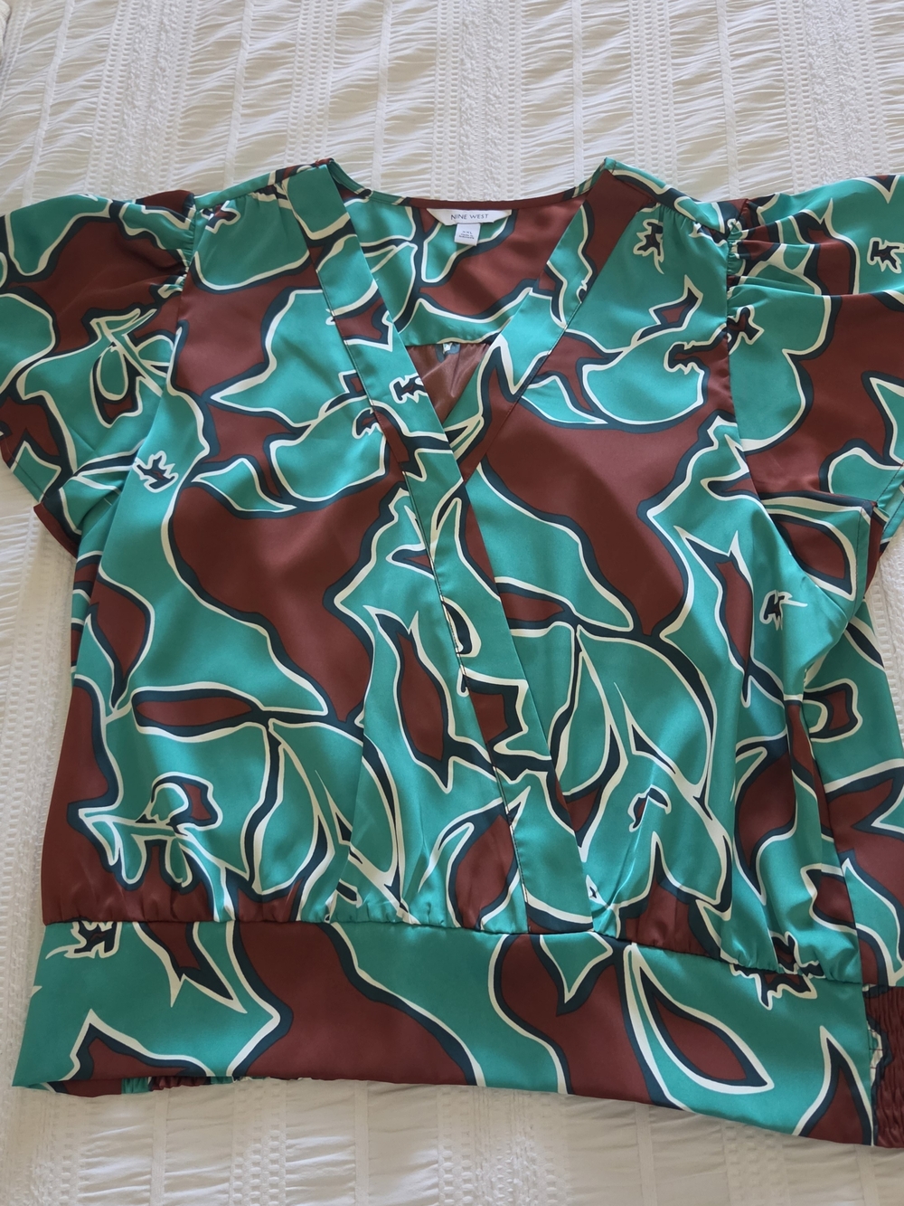 Nine West Green & Brown Floral Wrap Blouse